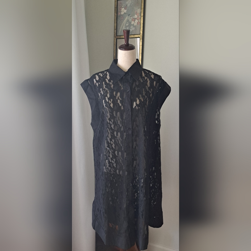 Marigold Shadows Sheer Black Lace Shirt Dress Buttons One Size